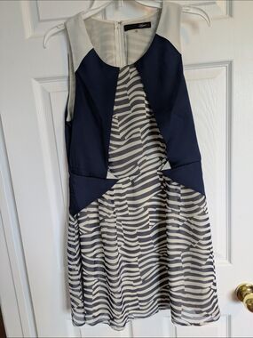 Sugarlips Navy & Cream Striped Unique Abstract Overlay Mini Dress